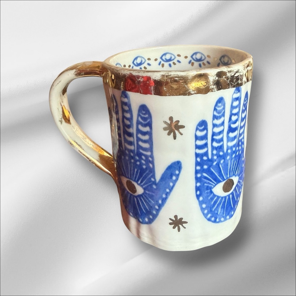 Anthropologie Insight Mug Hamsa Blue Hands Stoneware Handpainted Decaled